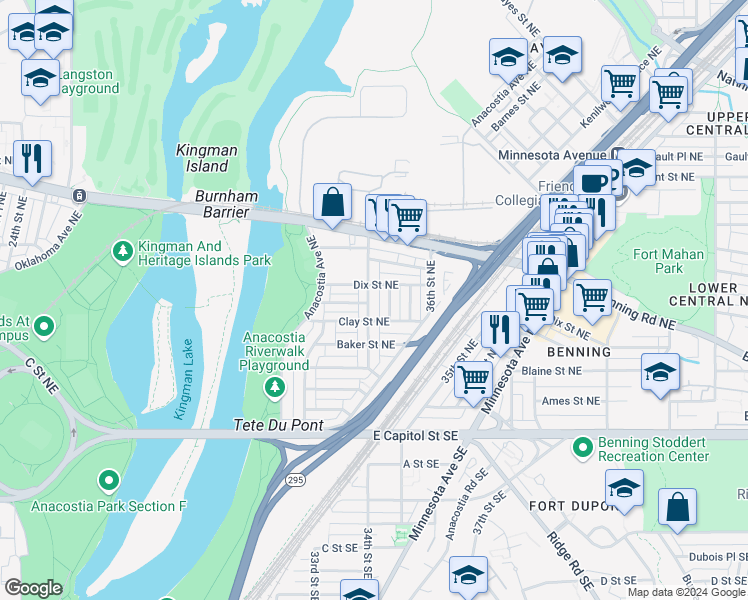 map of restaurants, bars, coffee shops, grocery stores, and more near 323 34th Street Northeast in Washington