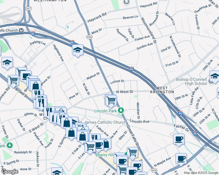 map of restaurants, bars, coffee shops, grocery stores, and more near 604 West Falls Way in Falls Church