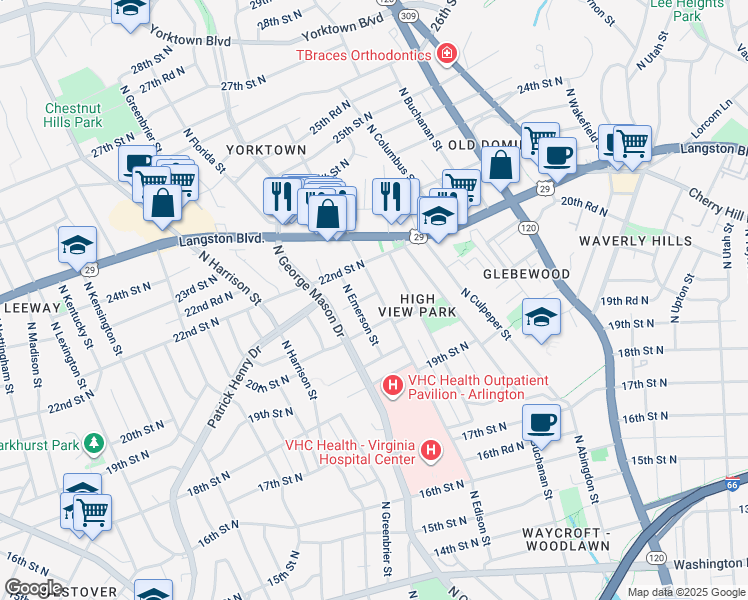 map of restaurants, bars, coffee shops, grocery stores, and more near 2028 North Edison Street in Arlington