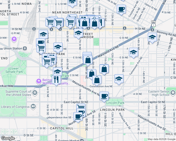 map of restaurants, bars, coffee shops, grocery stores, and more near 101 Independence Avenue Southeast in Washington