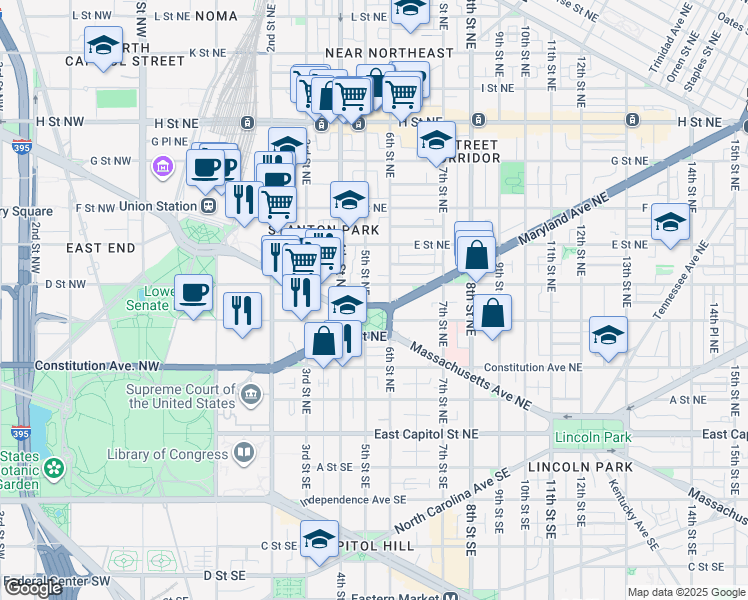 map of restaurants, bars, coffee shops, grocery stores, and more near 101 Independence Avenue Southeast in Washington