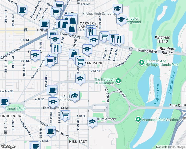 map of restaurants, bars, coffee shops, grocery stores, and more near 330 20th Street Northeast in Washington