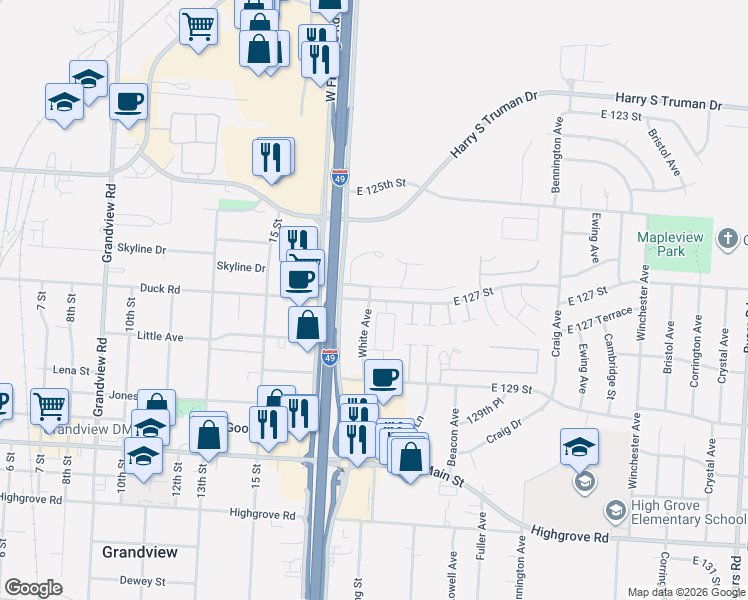 map of restaurants, bars, coffee shops, grocery stores, and more near 6016 127th Street in Grandview