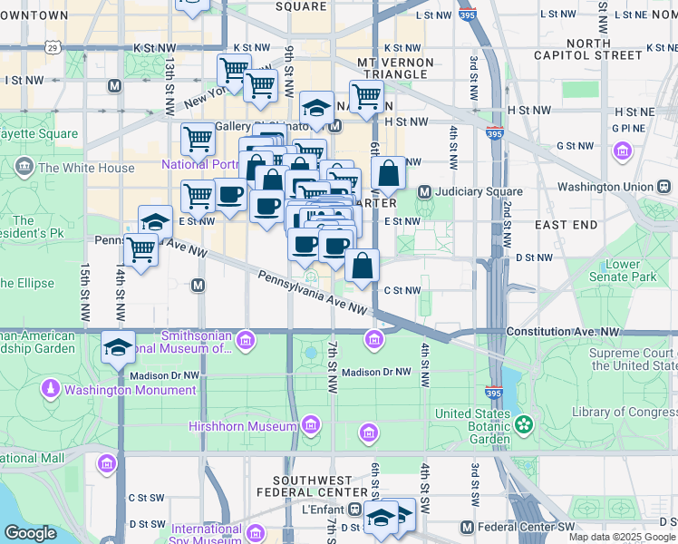 map of restaurants, bars, coffee shops, grocery stores, and more near 641 Indiana Avenue Northwest in Washington