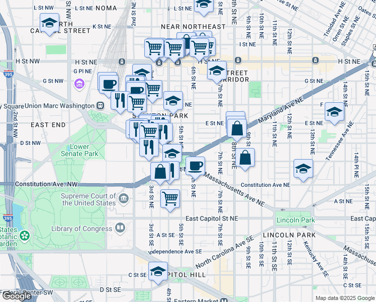 map of restaurants, bars, coffee shops, grocery stores, and more near 101 Independence Avenue Southeast in Washington