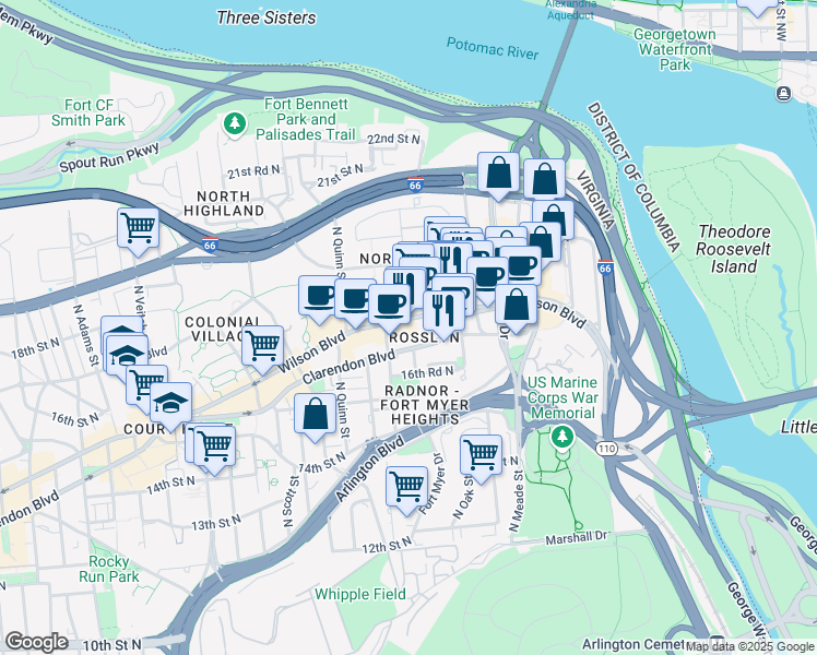 map of restaurants, bars, coffee shops, grocery stores, and more near 1550 Wilson Boulevard in Arlington