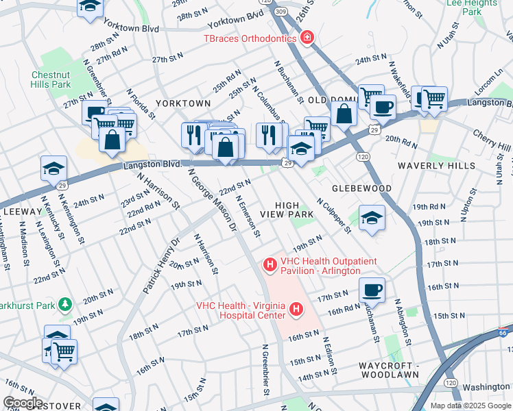 map of restaurants, bars, coffee shops, grocery stores, and more near 2028 North Edison Street in Arlington