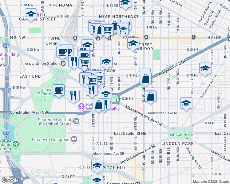 map of restaurants, bars, coffee shops, grocery stores, and more near 510 C Street Northeast in Washington
