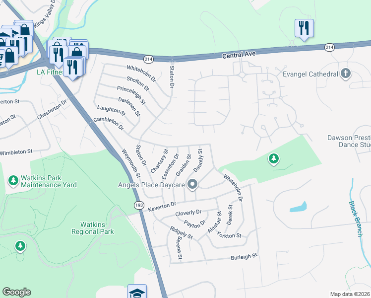 map of restaurants, bars, coffee shops, grocery stores, and more near 101 Graiden Street in Upper Marlboro