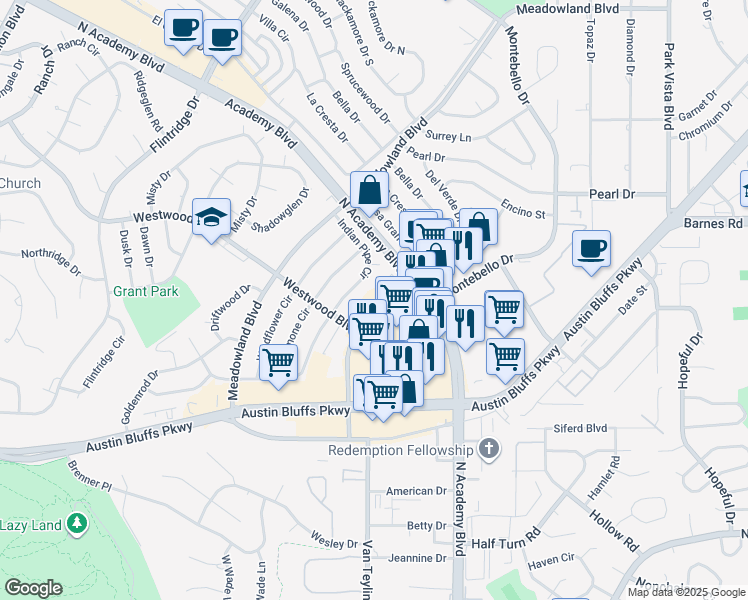 map of restaurants, bars, coffee shops, grocery stores, and more near 3721 Indianpipe Circle in Colorado Springs