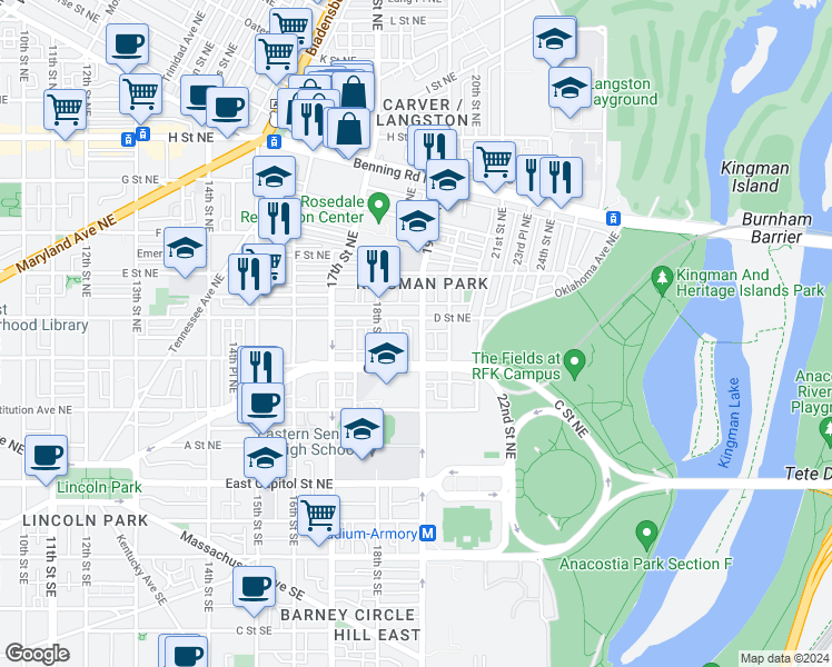 map of restaurants, bars, coffee shops, grocery stores, and more near 101 Independence Avenue Southeast in Washington