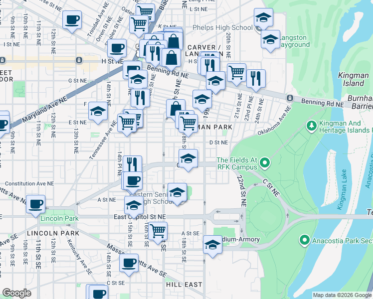 map of restaurants, bars, coffee shops, grocery stores, and more near 101 Independence Avenue Southeast in Washington