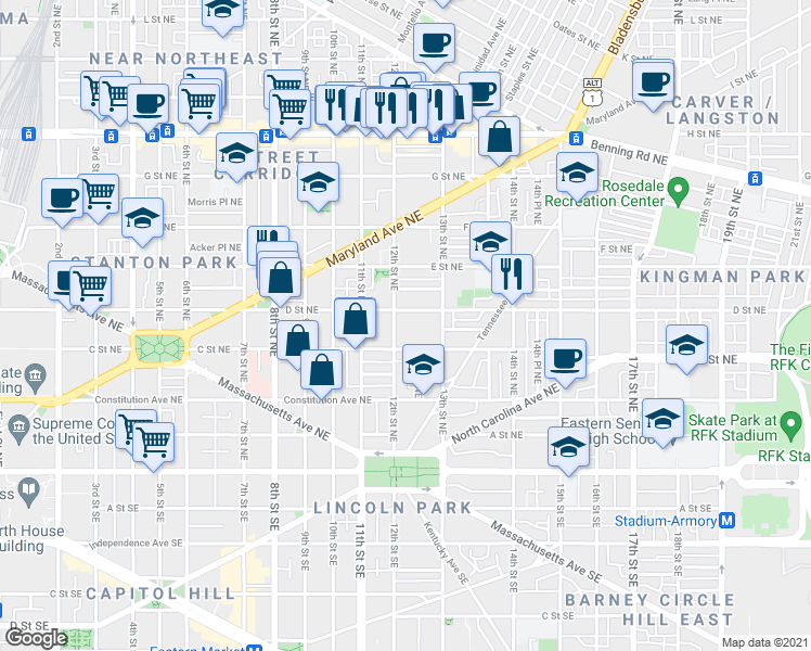 map of restaurants, bars, coffee shops, grocery stores, and more near 101 Independence Avenue Southeast in Washington