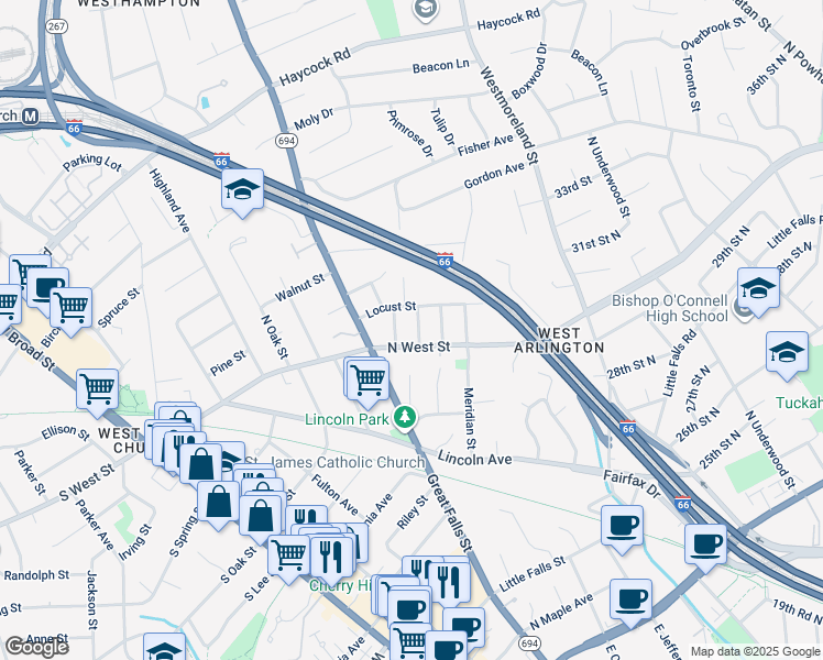 map of restaurants, bars, coffee shops, grocery stores, and more near 2354 Conifer Lane in Falls Church