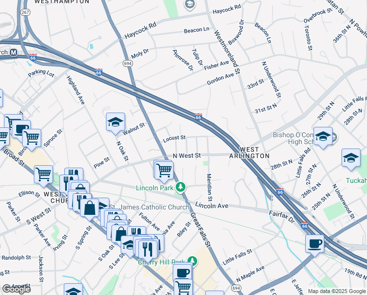 map of restaurants, bars, coffee shops, grocery stores, and more near 2354 Conifer Lane in Falls Church