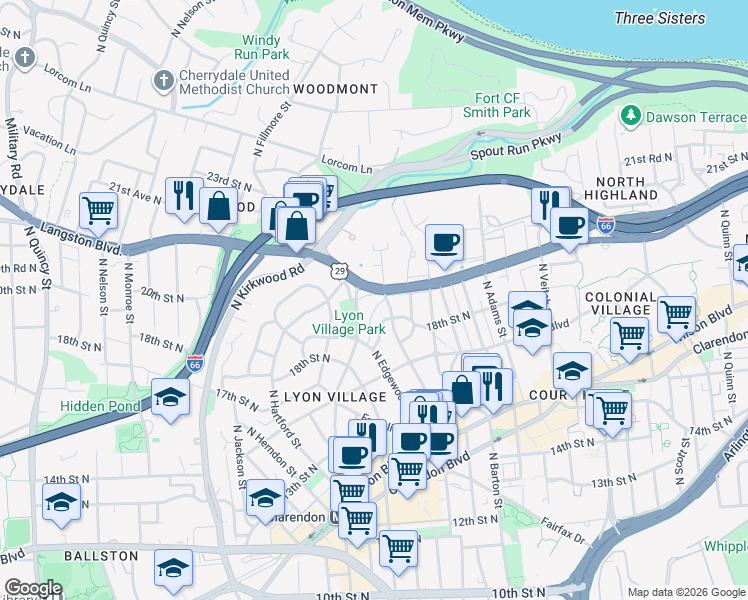 map of restaurants, bars, coffee shops, grocery stores, and more near 2702 Langston Boulevard in Arlington