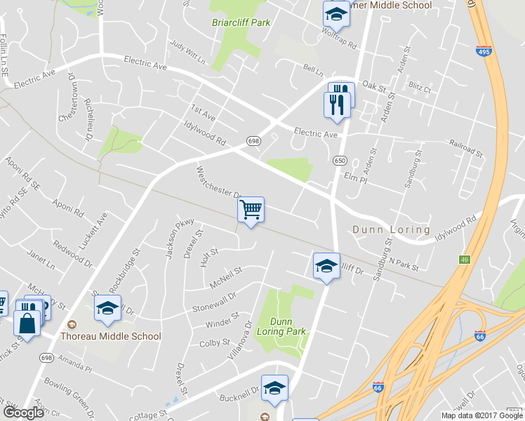 map of restaurants, bars, coffee shops, grocery stores, and more near 8217 Westchester Drive in Vienna