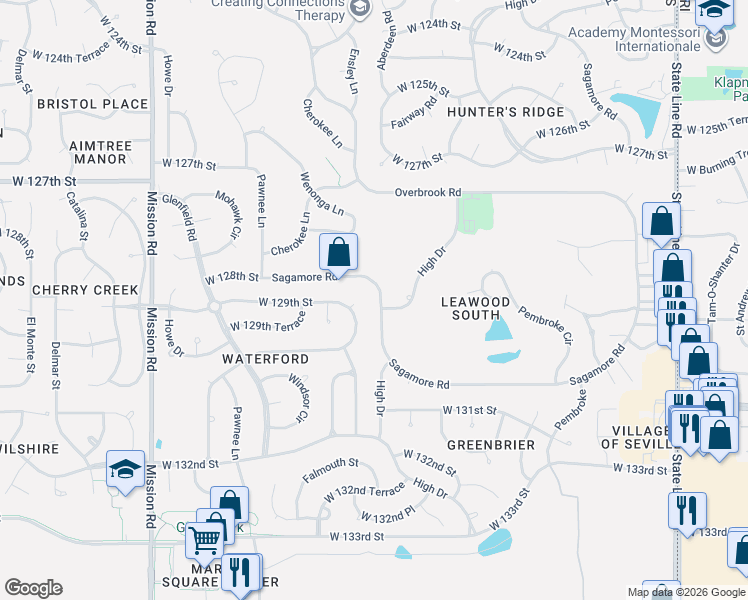 map of restaurants, bars, coffee shops, grocery stores, and more near 12724 Sagamore Road in Leawood