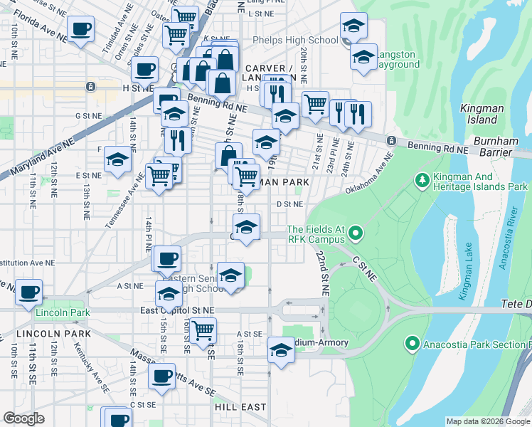map of restaurants, bars, coffee shops, grocery stores, and more near 101 Independence Avenue Southeast in Washington