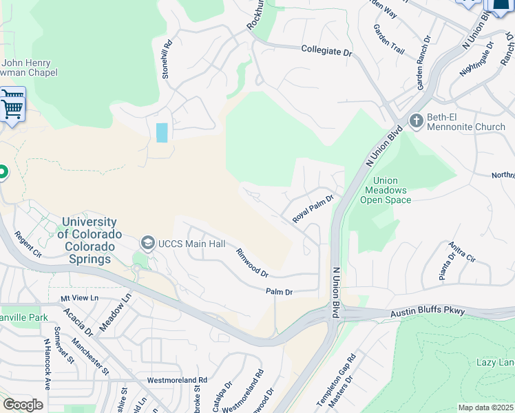 map of restaurants, bars, coffee shops, grocery stores, and more near 2246 Palm Drive in Colorado Springs