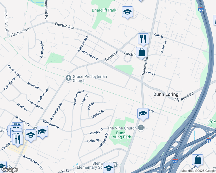 map of restaurants, bars, coffee shops, grocery stores, and more near 8225 Westchester Drive in Vienna