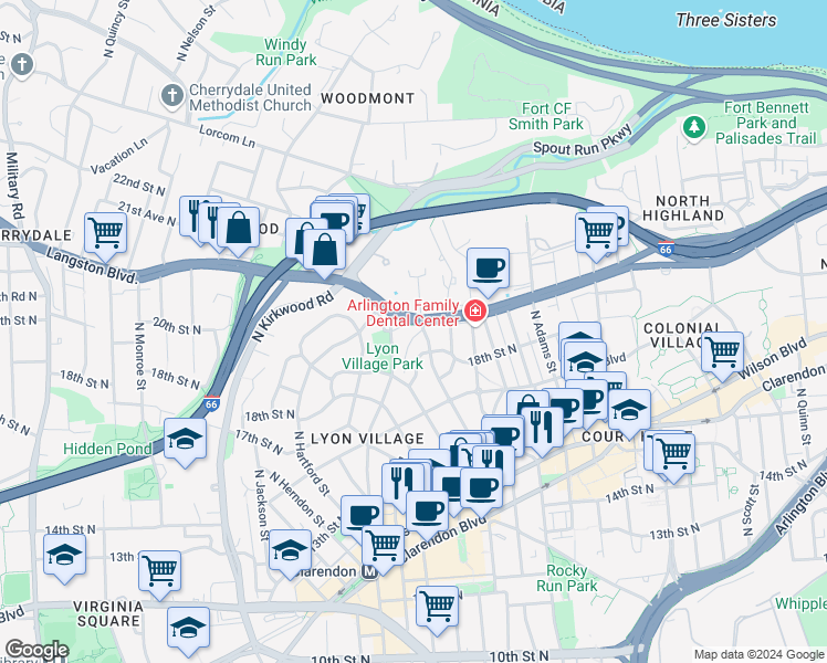 map of restaurants, bars, coffee shops, grocery stores, and more near 2702 Langston Boulevard in Arlington