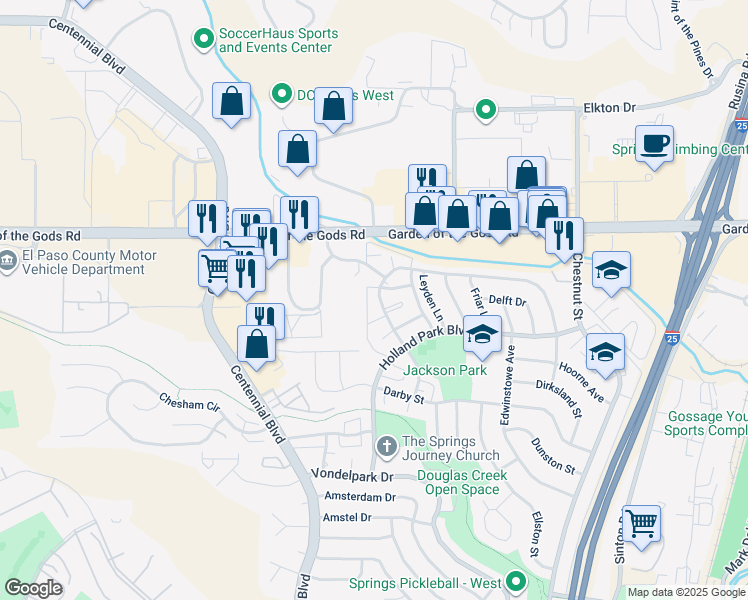 map of restaurants, bars, coffee shops, grocery stores, and more near 4228 Forrest Hill Road in Colorado Springs