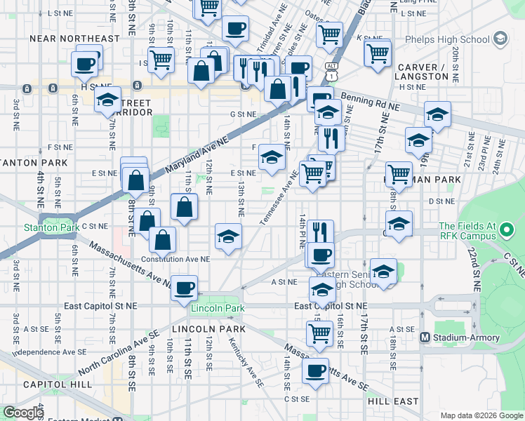 map of restaurants, bars, coffee shops, grocery stores, and more near 101 Independence Avenue Southeast in Washington