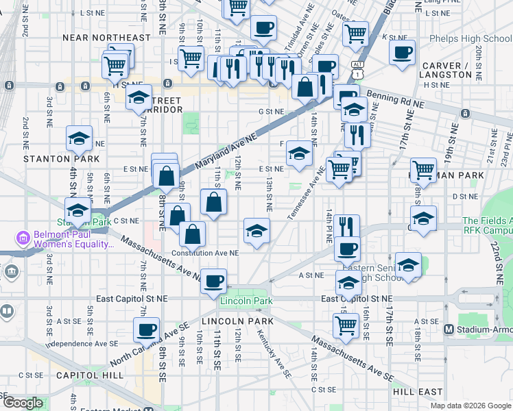 map of restaurants, bars, coffee shops, grocery stores, and more near 101 Independence Avenue Southeast in Washington