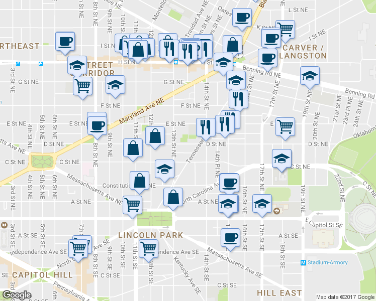 map of restaurants, bars, coffee shops, grocery stores, and more near 1332 Corbin Place Northeast in Washington