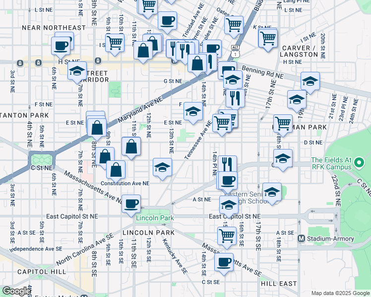 map of restaurants, bars, coffee shops, grocery stores, and more near 1332 Corbin Place Northeast in Washington