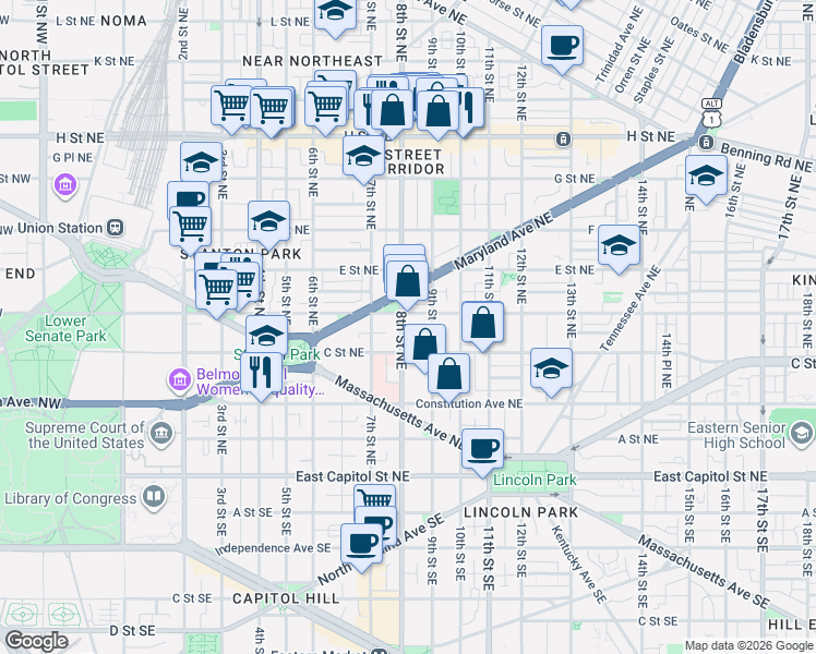 map of restaurants, bars, coffee shops, grocery stores, and more near 101 Independence Avenue Southeast in Washington