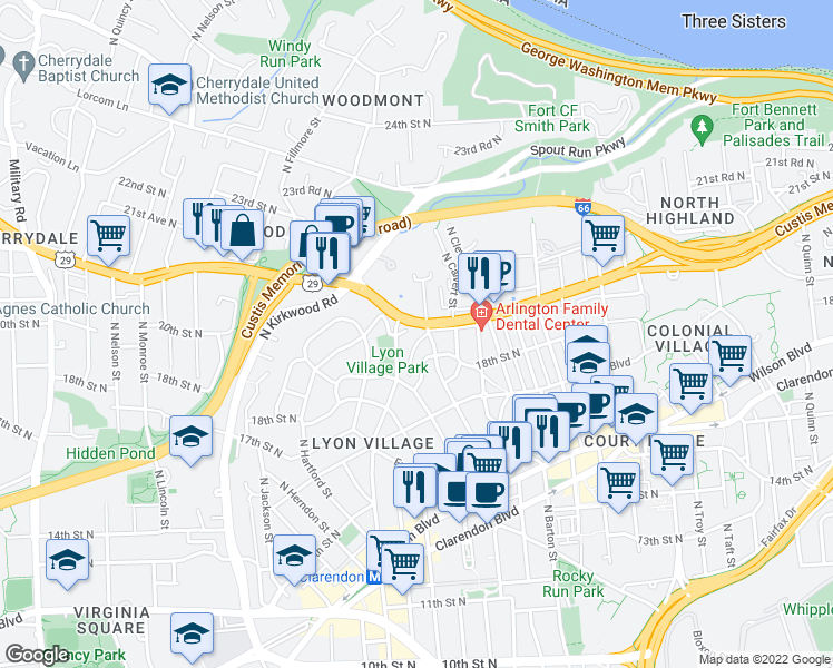 map of restaurants, bars, coffee shops, grocery stores, and more near 2702 Lee Highway in Arlington