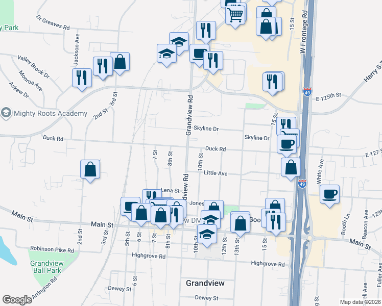map of restaurants, bars, coffee shops, grocery stores, and more near in Grandview