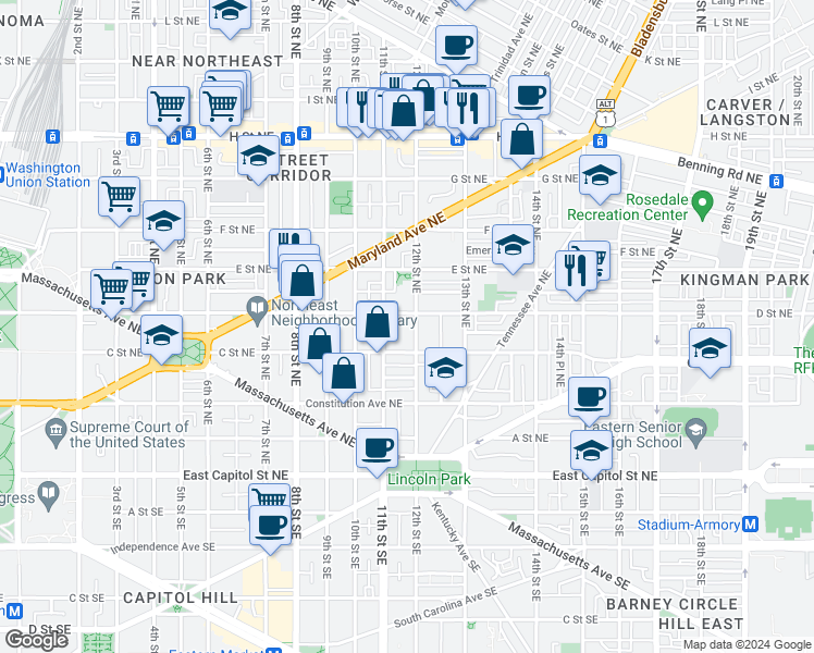 map of restaurants, bars, coffee shops, grocery stores, and more near 324 12th Street Northeast in Washington