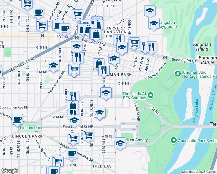 map of restaurants, bars, coffee shops, grocery stores, and more near 328 18th Place Northeast in Washington
