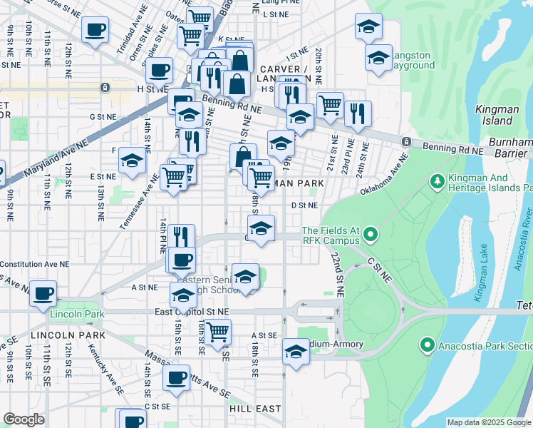 map of restaurants, bars, coffee shops, grocery stores, and more near 328 18th Place Northeast in Washington