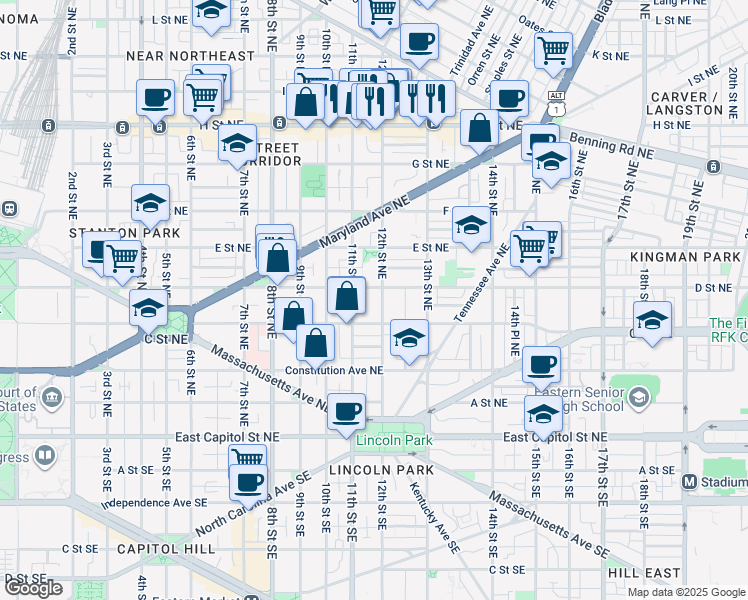 map of restaurants, bars, coffee shops, grocery stores, and more near 324 12th Street Northeast in Washington