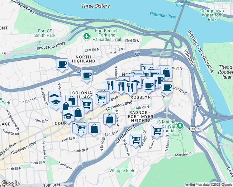 map of restaurants, bars, coffee shops, grocery stores, and more near 1720 North Quinn Street in Arlington