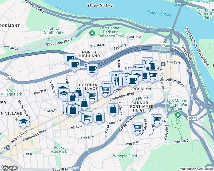 map of restaurants, bars, coffee shops, grocery stores, and more near Queens Lane in Arlington