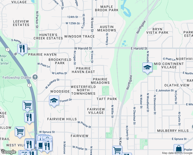 map of restaurants, bars, coffee shops, grocery stores, and more near 944 North Pine Street in Olathe