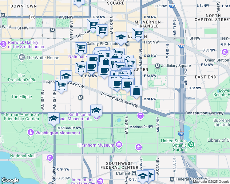 map of restaurants, bars, coffee shops, grocery stores, and more near 801 Pennsylvania Avenue Northwest in Washington