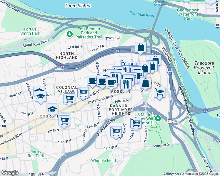 map of restaurants, bars, coffee shops, grocery stores, and more near Wilson Boulevard in Arlington