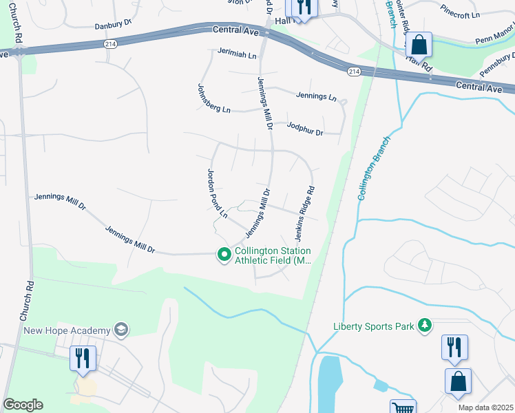 map of restaurants, bars, coffee shops, grocery stores, and more near 15109 Johnstone Lane in Bowie
