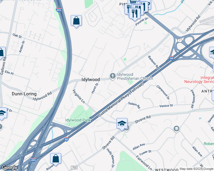 map of restaurants, bars, coffee shops, grocery stores, and more near 2393 Watters Glen Court in Falls Church