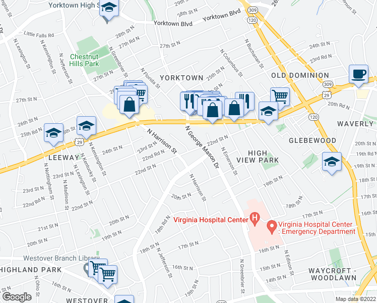 map of restaurants, bars, coffee shops, grocery stores, and more near 22nd St N & N Greenbrier St in Arlington