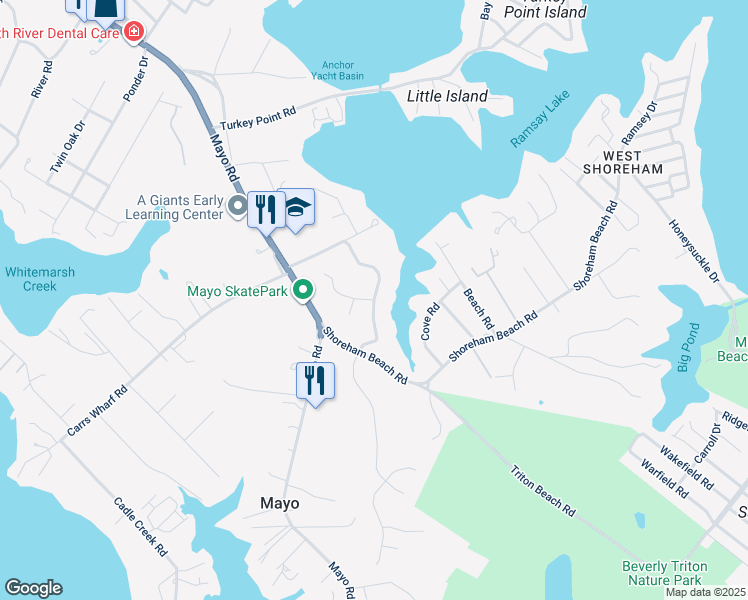 map of restaurants, bars, coffee shops, grocery stores, and more near Waterview Drive in Edgewater