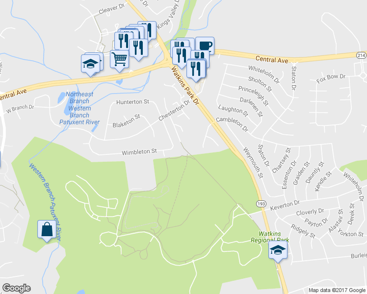 map of restaurants, bars, coffee shops, grocery stores, and more near 140 Old Enterprise Road in Upper Marlboro