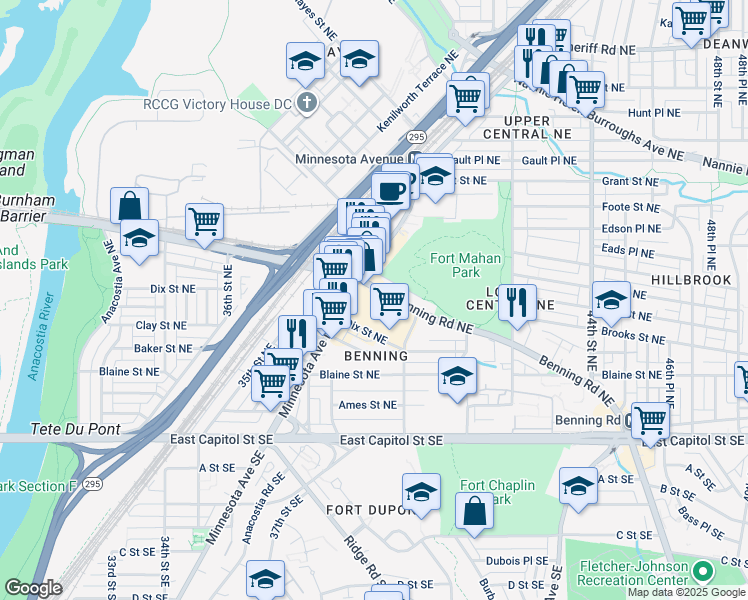 map of restaurants, bars, coffee shops, grocery stores, and more near 3919 Benning Road Northeast in Washington
