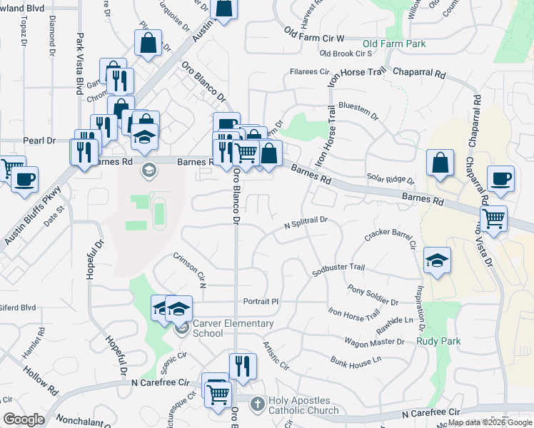 map of restaurants, bars, coffee shops, grocery stores, and more near 4363 Susie View in Colorado Springs
